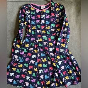Hanna Andersson Navy Dress with Pink Trim and Multicolor Swan Print